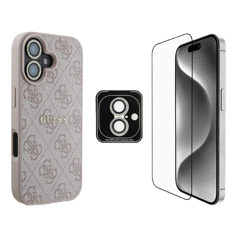 Apple iPhone 16 Guess Orjinal Lisanslı Kılıf + Ekran Koruyucu + Lens Koruyucu 3in1 Aksesuar Seti - 3