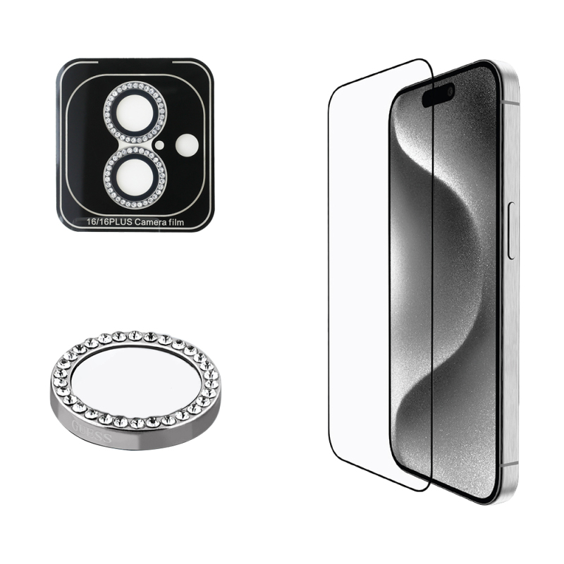 Apple iPhone 16 Guess Orjinal Lisanslı Rhinestone Ekran Koruyucu + Lens Koruyucu 2in1 Aksesuar Seti - 3