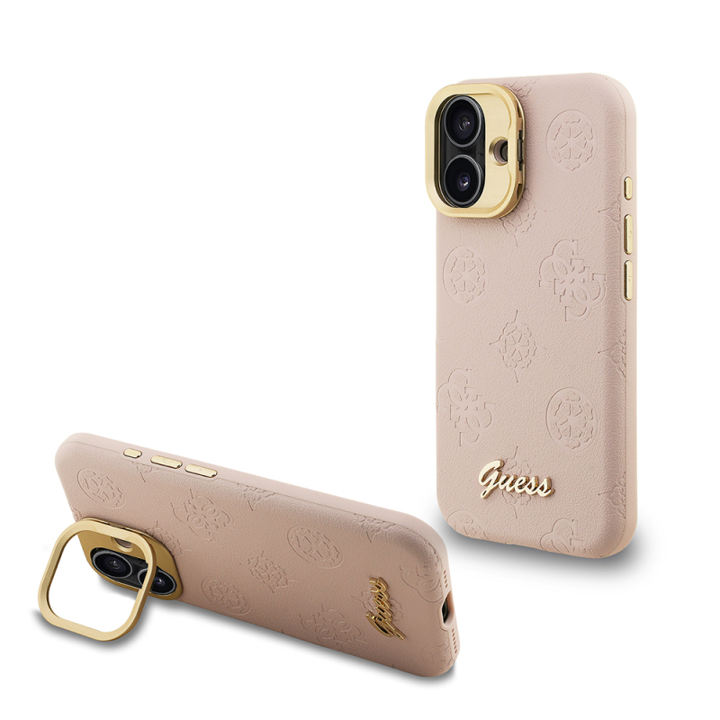 Apple iPhone 16 Kılıf Guess Orjinal Lisanslı M-safe Şarj Özellikli Sıcak Baskılı Yazı Logolu Kamera Standlı PU Deri Peony Kapak - 1