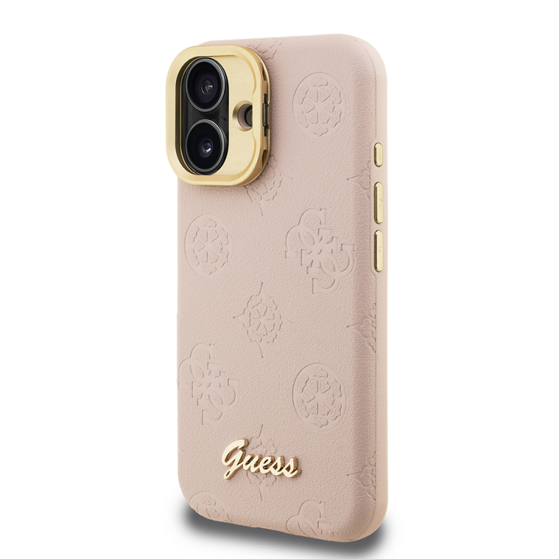 Apple iPhone 16 Kılıf Guess Orjinal Lisanslı M-safe Şarj Özellikli Sıcak Baskılı Yazı Logolu Kamera Standlı PU Deri Peony Kapak - 5