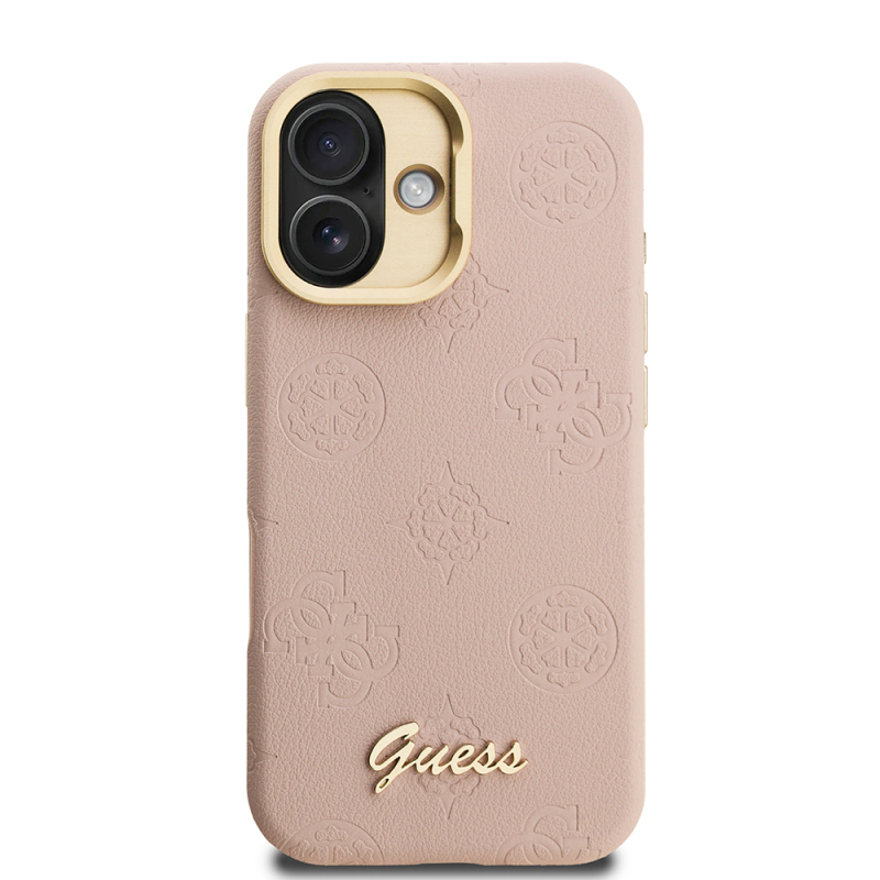Apple iPhone 16 Kılıf Guess Orjinal Lisanslı M-safe Şarj Özellikli Sıcak Baskılı Yazı Logolu Kamera Standlı PU Deri Peony Kapak - 6