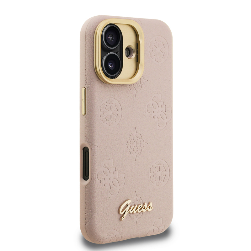 Apple iPhone 16 Kılıf Guess Orjinal Lisanslı M-safe Şarj Özellikli Sıcak Baskılı Yazı Logolu Kamera Standlı PU Deri Peony Kapak - 7