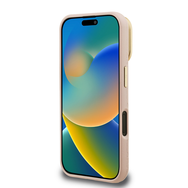 Apple iPhone 16 Kılıf Guess Orjinal Lisanslı M-safe Şarj Özellikli Sıcak Baskılı Yazı Logolu Kamera Standlı PU Deri Peony Kapak - 8