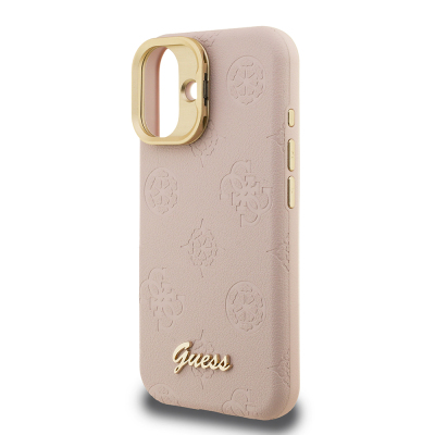 Apple iPhone 16 Kılıf Guess Orjinal Lisanslı M-safe Şarj Özellikli Sıcak Baskılı Yazı Logolu Kamera Standlı PU Deri Peony Kapak - 9