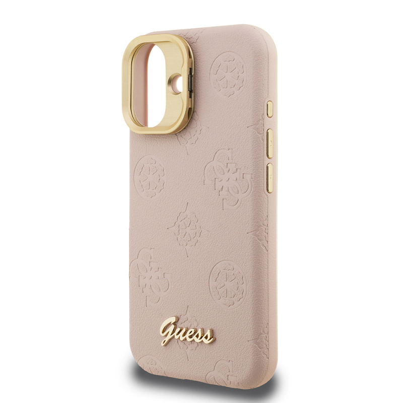 Apple iPhone 16 Kılıf Guess Orjinal Lisanslı M-safe Şarj Özellikli Sıcak Baskılı Yazı Logolu Kamera Standlı PU Deri Peony Kapak - 9