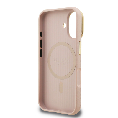 Apple iPhone 16 Kılıf Guess Orjinal Lisanslı M-safe Şarj Özellikli Sıcak Baskılı Yazı Logolu Kamera Standlı PU Deri Peony Kapak - 10