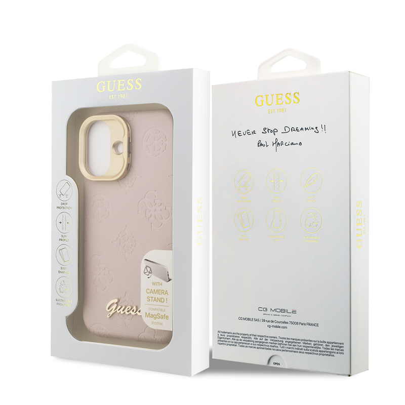 Apple iPhone 16 Kılıf Guess Orjinal Lisanslı M-safe Şarj Özellikli Sıcak Baskılı Yazı Logolu Kamera Standlı PU Deri Peony Kapak - 11