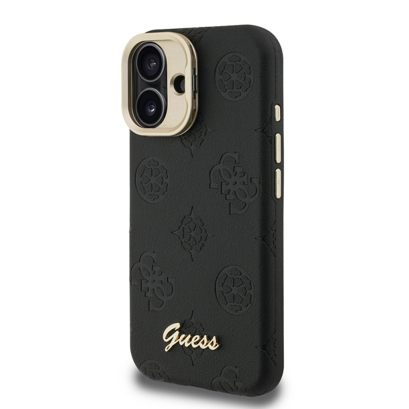 Apple iPhone 16 Kılıf Guess Orjinal Lisanslı M-safe Şarj Özellikli Sıcak Baskılı Yazı Logolu Kamera Standlı PU Deri Peony Kapak - 12