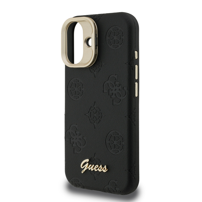 Apple iPhone 16 Kılıf Guess Orjinal Lisanslı M-safe Şarj Özellikli Sıcak Baskılı Yazı Logolu Kamera Standlı PU Deri Peony Kapak - 16