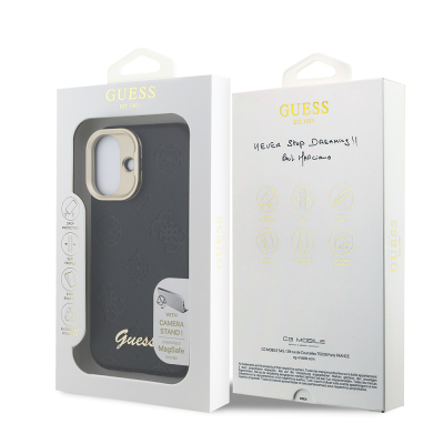 Apple iPhone 16 Kılıf Guess Orjinal Lisanslı M-safe Şarj Özellikli Sıcak Baskılı Yazı Logolu Kamera Standlı PU Deri Peony Kapak - 18