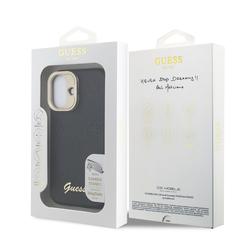 Apple iPhone 16 Kılıf Guess Orjinal Lisanslı M-safe Şarj Özellikli Sıcak Baskılı Yazı Logolu Kamera Standlı PU Deri Peony Kapak - 18