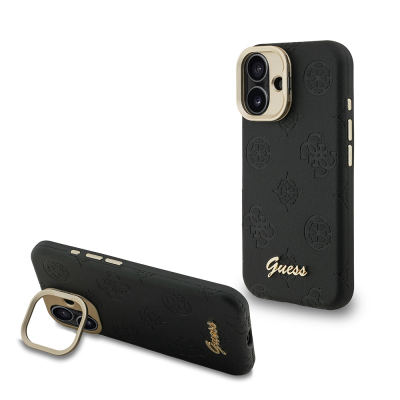 Apple iPhone 16 Kılıf Guess Orjinal Lisanslı M-safe Şarj Özellikli Sıcak Baskılı Yazı Logolu Kamera Standlı PU Deri Peony Kapak - 3