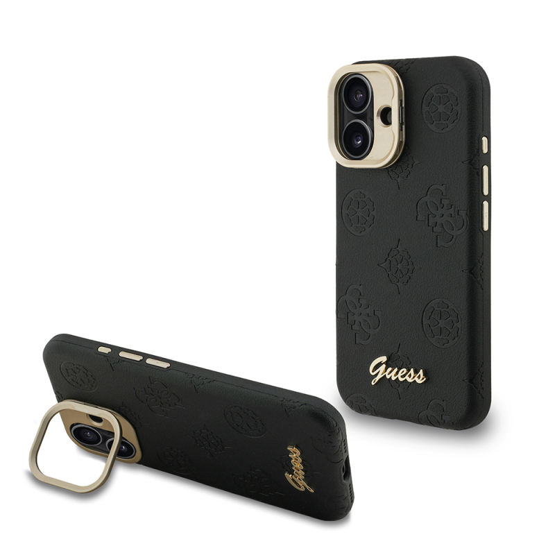 Apple iPhone 16 Kılıf Guess Orjinal Lisanslı M-safe Şarj Özellikli Sıcak Baskılı Yazı Logolu Kamera Standlı PU Deri Peony Kapak - 3