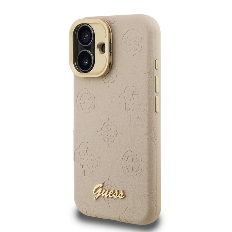 Apple iPhone 16 Kılıf Guess Orjinal Lisanslı M-safe Şarj Özellikli Sıcak Baskılı Yazı Logolu Kamera Standlı PU Deri Peony Kapak - 19