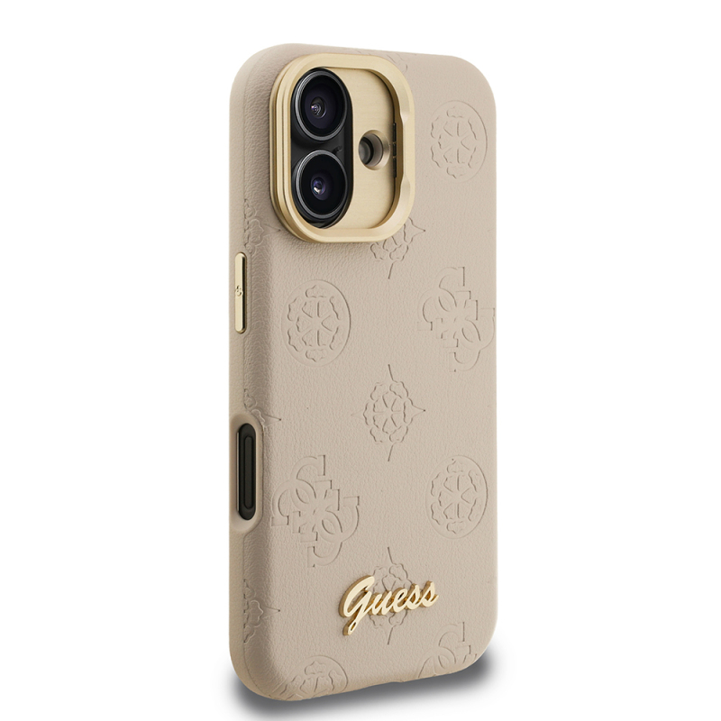 Apple iPhone 16 Kılıf Guess Orjinal Lisanslı M-safe Şarj Özellikli Sıcak Baskılı Yazı Logolu Kamera Standlı PU Deri Peony Kapak - 21