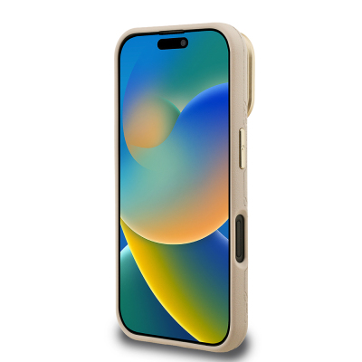 Apple iPhone 16 Kılıf Guess Orjinal Lisanslı M-safe Şarj Özellikli Sıcak Baskılı Yazı Logolu Kamera Standlı PU Deri Peony Kapak - 22