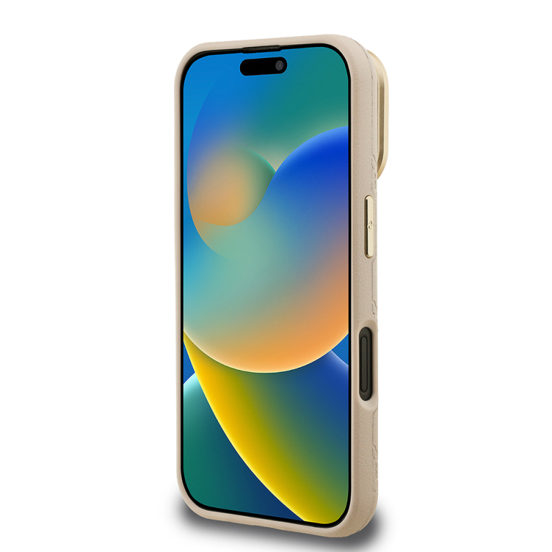 Apple iPhone 16 Kılıf Guess Orjinal Lisanslı M-safe Şarj Özellikli Sıcak Baskılı Yazı Logolu Kamera Standlı PU Deri Peony Kapak - 22