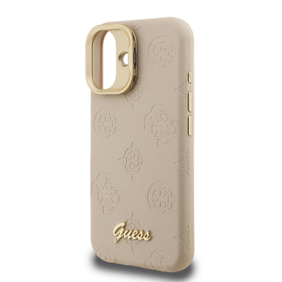 Apple iPhone 16 Kılıf Guess Orjinal Lisanslı M-safe Şarj Özellikli Sıcak Baskılı Yazı Logolu Kamera Standlı PU Deri Peony Kapak - 23