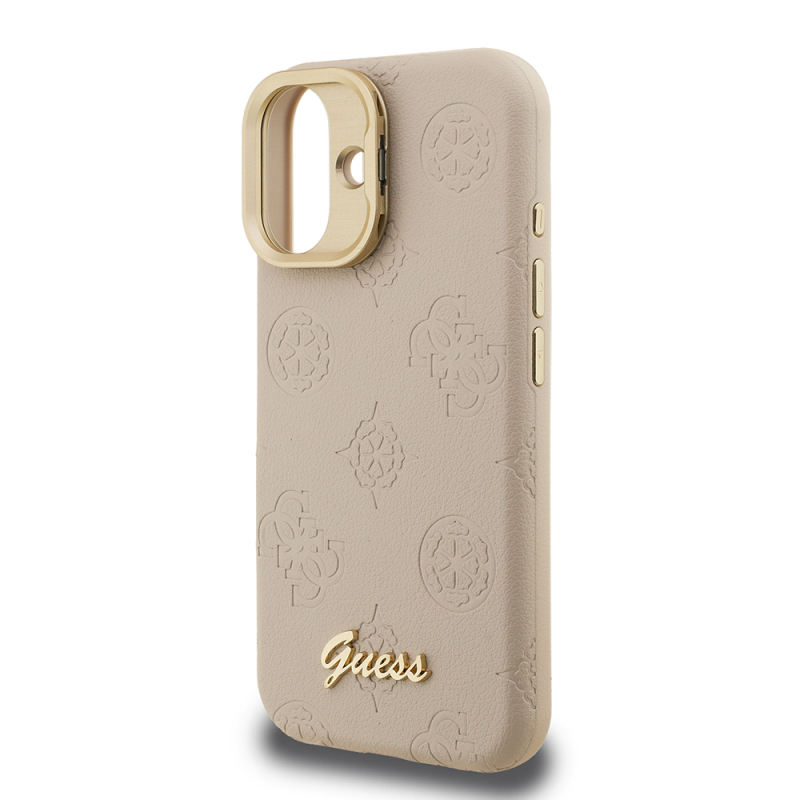Apple iPhone 16 Kılıf Guess Orjinal Lisanslı M-safe Şarj Özellikli Sıcak Baskılı Yazı Logolu Kamera Standlı PU Deri Peony Kapak - 23