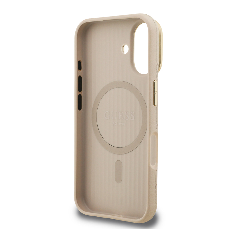 Apple iPhone 16 Kılıf Guess Orjinal Lisanslı M-safe Şarj Özellikli Sıcak Baskılı Yazı Logolu Kamera Standlı PU Deri Peony Kapak - 24