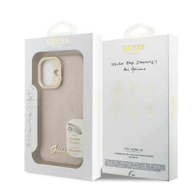 Apple iPhone 16 Kılıf Guess Orjinal Lisanslı M-safe Şarj Özellikli Sıcak Baskılı Yazı Logolu Kamera Standlı PU Deri Peony Kapak - 25