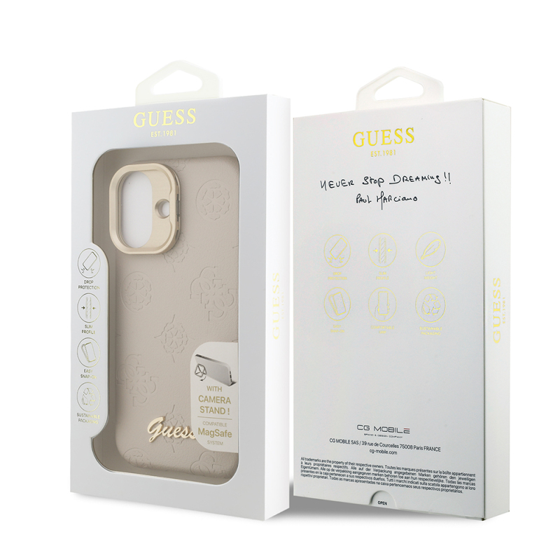 Apple iPhone 16 Kılıf Guess Orjinal Lisanslı M-safe Şarj Özellikli Sıcak Baskılı Yazı Logolu Kamera Standlı PU Deri Peony Kapak - 25