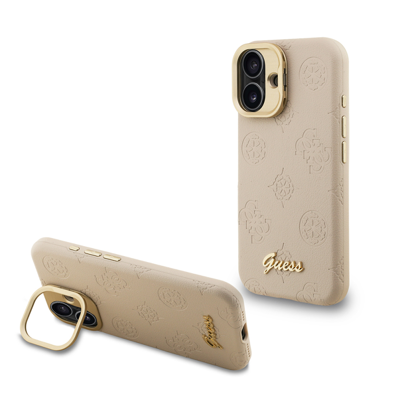 Apple iPhone 16 Kılıf Guess Orjinal Lisanslı M-safe Şarj Özellikli Sıcak Baskılı Yazı Logolu Kamera Standlı PU Deri Peony Kapak - 4