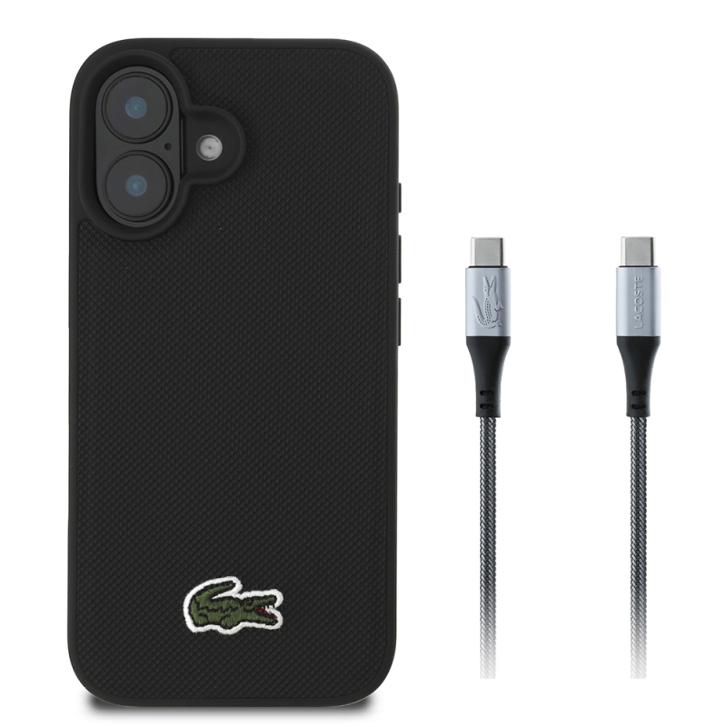 Apple iPhone 16 Kılıf Lacoste Orjinal Lisanslı PU Pike Desenli Arka Yüzey İkonik Timsah Dokuma Logolu Kapak + Type-C Kablo 1.5m - 1