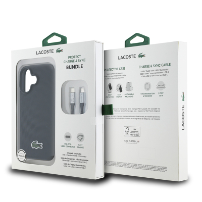 Apple iPhone 16 Kılıf Lacoste Orjinal Lisanslı PU Pike Desenli Arka Yüzey İkonik Timsah Dokuma Logolu Kapak + Type-C Kablo 1.5m - 9