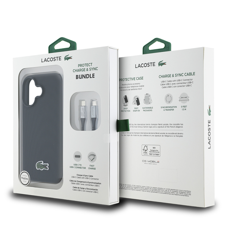 Apple iPhone 16 Kılıf Lacoste Orjinal Lisanslı PU Pike Desenli Arka Yüzey İkonik Timsah Dokuma Logolu Kapak + Type-C Kablo 1.5m - 9