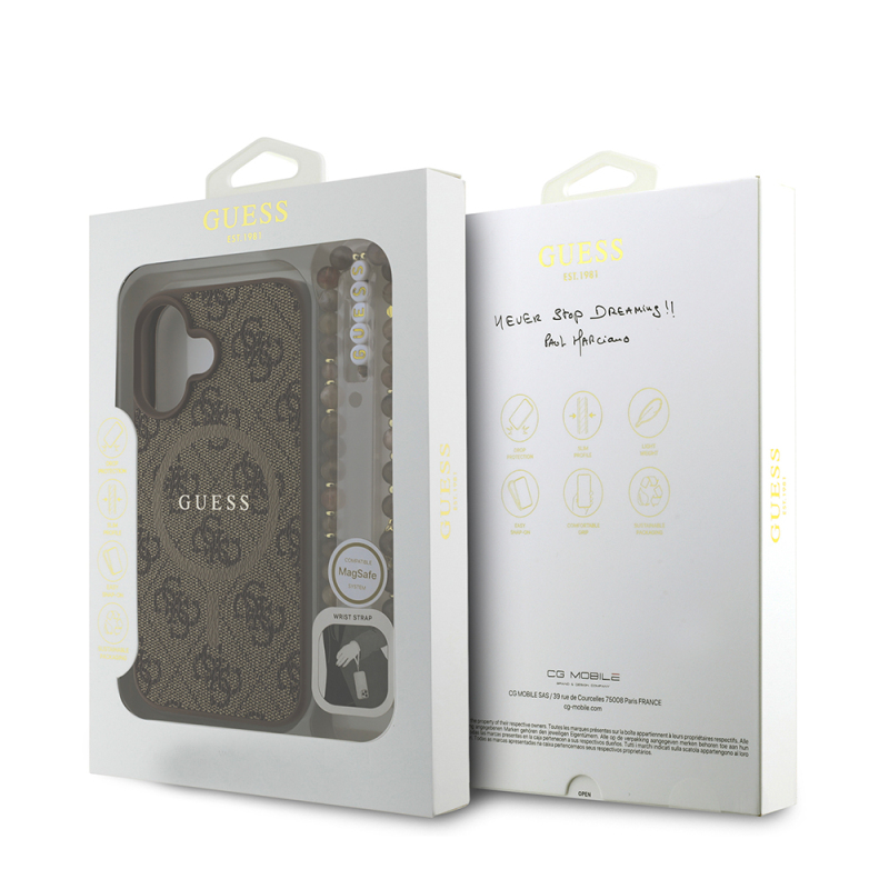 Apple iPhone 16 Plus Case Guess Original Licensed M-safe Charging Feature PU Leather Wrist Strap Rope Cover Text Logo - 9