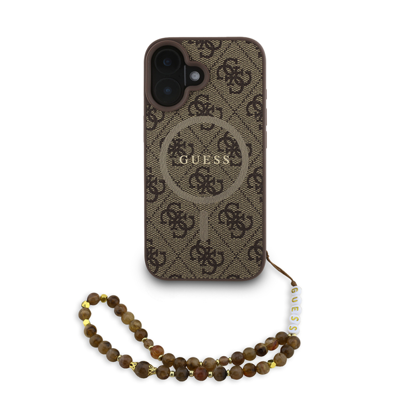 Apple iPhone 16 Plus Case Guess Original Licensed M-safe Charging Feature PU Leather Wrist Strap Rope Cover Text Logo - 2