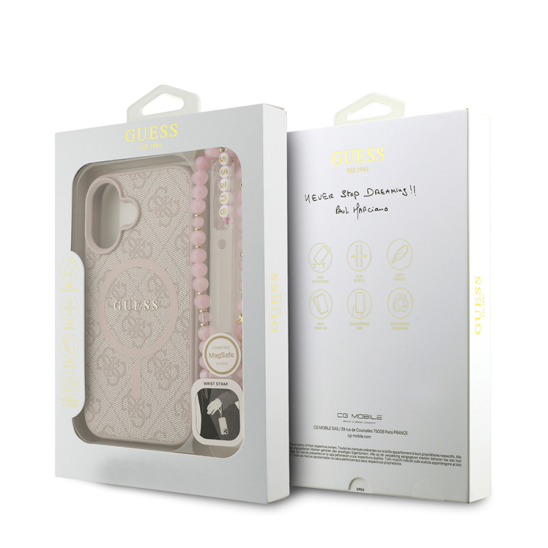 Apple iPhone 16 Plus Case Guess Original Licensed M-safe Charging Feature PU Leather Wrist Strap Rope Cover Text Logo - 17