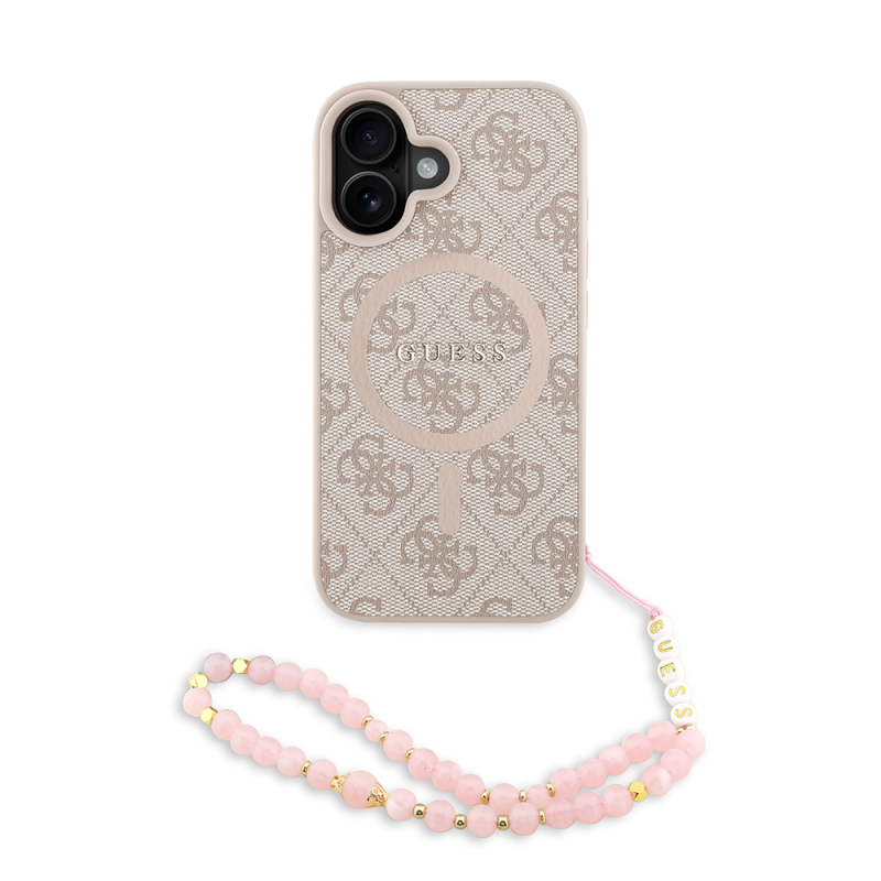 Apple iPhone 16 Plus Case Guess Original Licensed M-safe Charging Feature PU Leather Wrist Strap Rope Cover Text Logo - 10