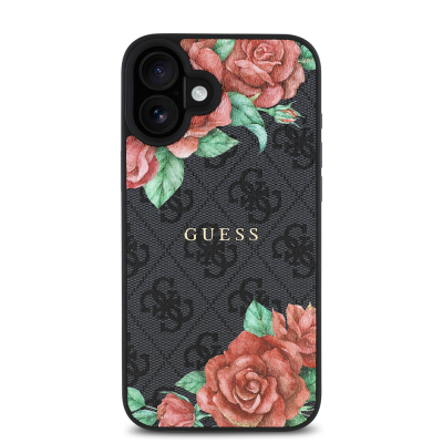 Apple iPhone 16 Plus Case Guess Original Licensed Magsafe Charging Feature Rose Printed 4G Patterned Text Logo Cover - 5