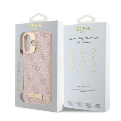 Apple iPhone 16 Plus Case Guess Original Licensed Magsafe Charging Featured 4G Patterned PU Metal Plate Classic Logo Cover - 27