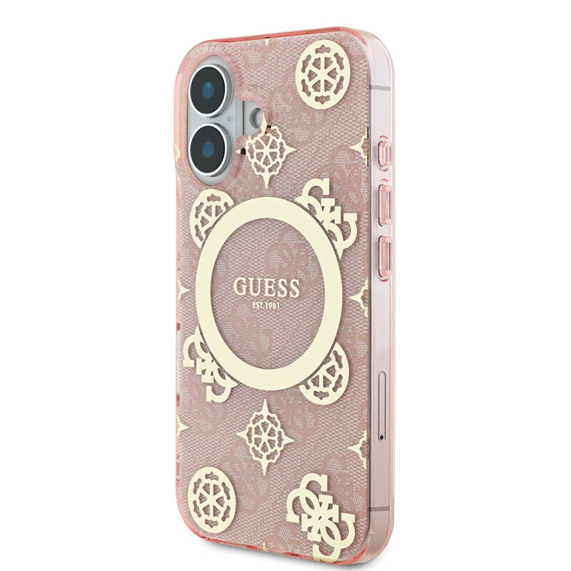 Apple iPhone 16 Plus Case Guess Original Licensed Magsafe Charging Featured IML Text Logo 4G Patterned Peony Cover - 11