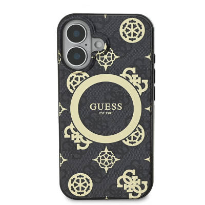 Apple iPhone 16 Plus Case Guess Original Licensed Magsafe Charging Featured IML Text Logo 4G Patterned Peony Cover - 21