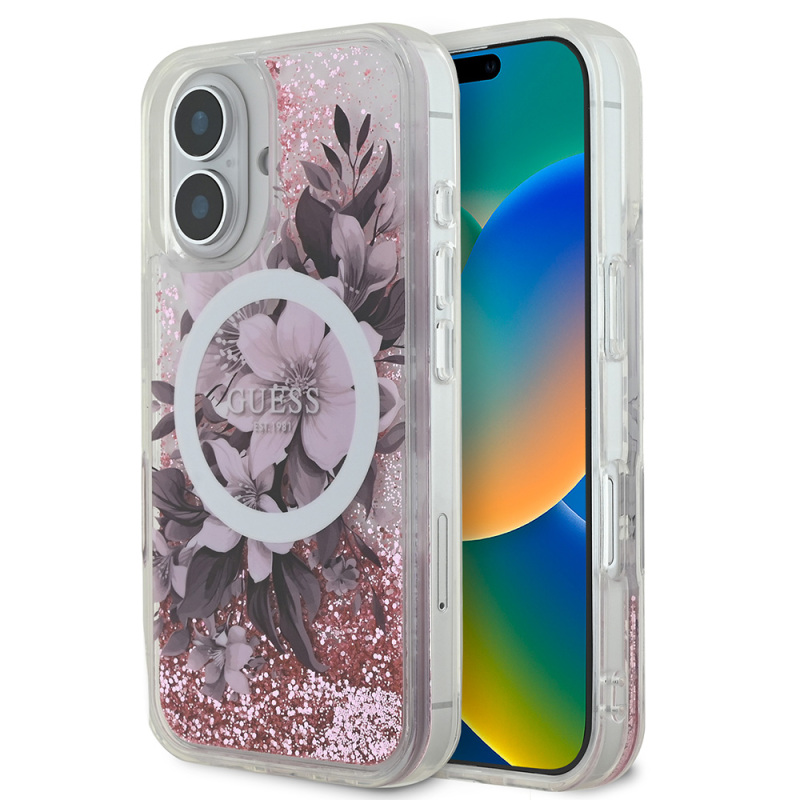 Apple iPhone 16 Plus Case Guess Original Licensed Magsafe Charging Featured Liquid Glitter Flower Patterned Cover - 2