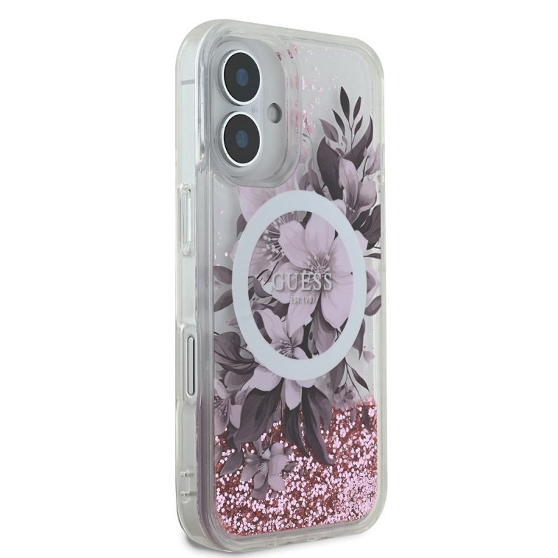 Apple iPhone 16 Plus Case Guess Original Licensed Magsafe Charging Featured Liquid Glitter Flower Patterned Cover - 5