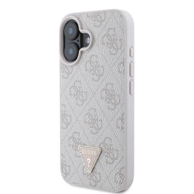 Apple iPhone 16 Plus Case Guess Original Licensed Magsafe Charging Featured PU Leather 4G Patterned Stony Triangle Logo Cover - 25