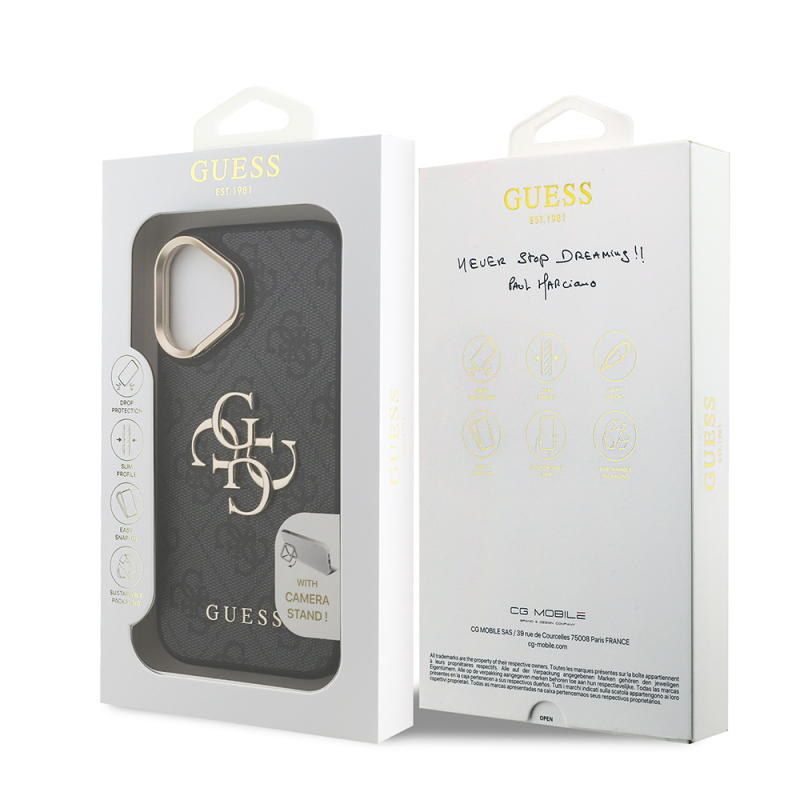 Apple iPhone 16 Plus Case Guess Original Licensed PU Leather 4G Patterned Metal Big 4G and Text Logo Camera Stand Cover - 10