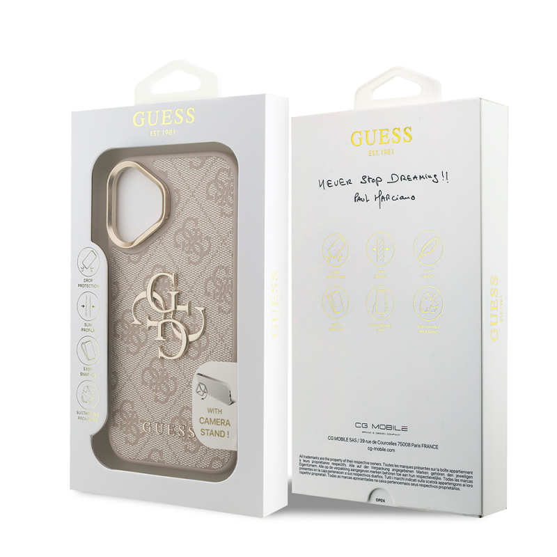 Apple iPhone 16 Plus Case Guess Original Licensed PU Leather 4G Patterned Metal Big 4G and Text Logo Camera Stand Cover - 17