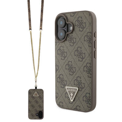 Apple iPhone 16 Plus Case Guess Original Licensed PU Leather Stoned Metal Triangle Logo Cross Body Strap 4G Patterned Cover - 3