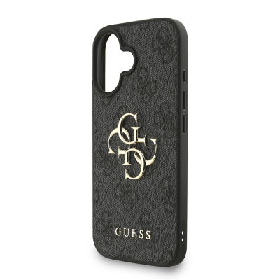 Apple iPhone 16 Plus Case Guess Original Licensed PU Leather Wrist Strap Rope Metal Large 4G and Text Logo Cover - 16