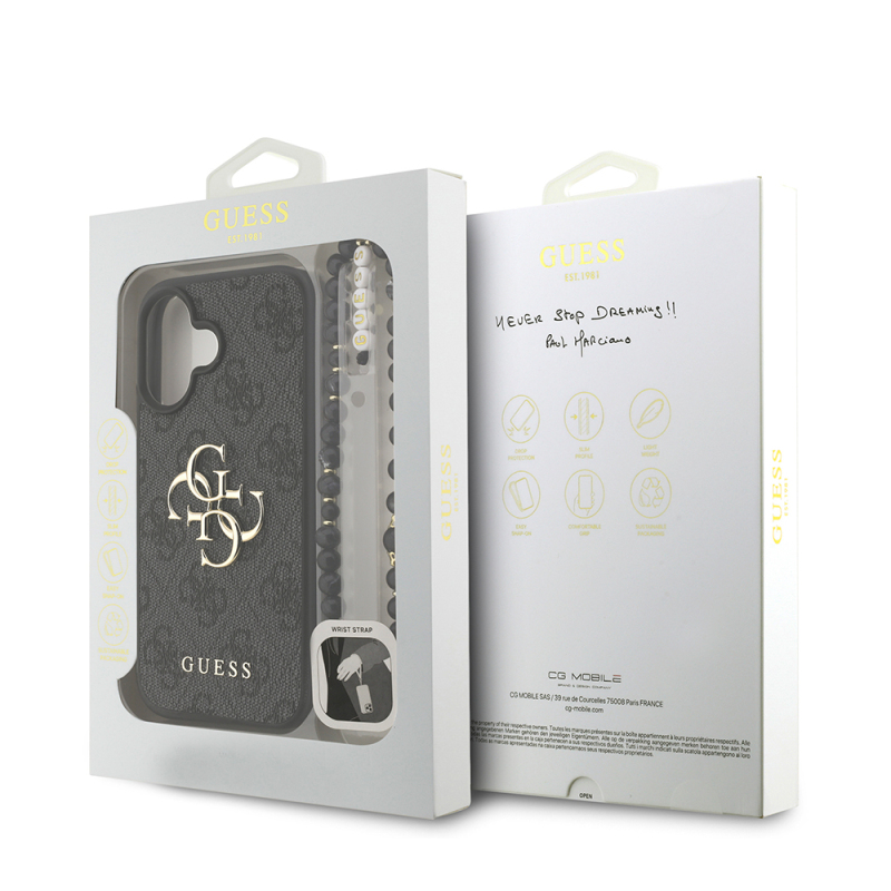 Apple iPhone 16 Plus Case Guess Original Licensed PU Leather Wrist Strap Rope Metal Large 4G and Text Logo Cover - 18