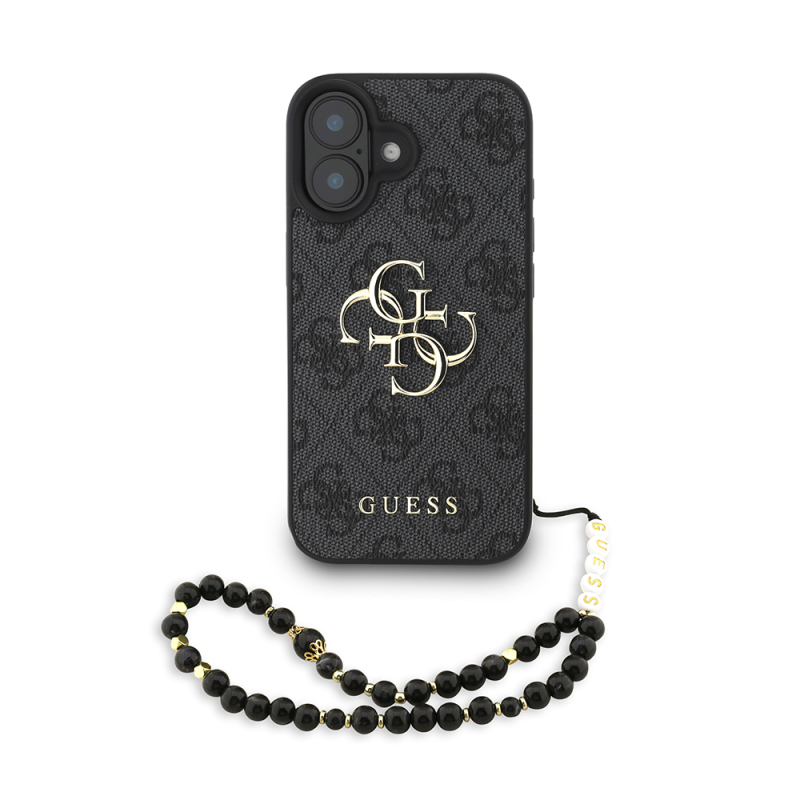 Apple iPhone 16 Plus Case Guess Original Licensed PU Leather Wrist Strap Rope Metal Large 4G and Text Logo Cover - 3