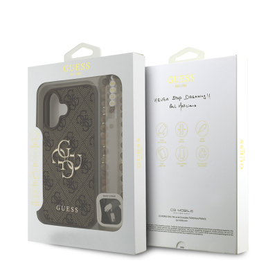 Apple iPhone 16 Plus Case Guess Original Licensed PU Leather Wrist Strap Rope Metal Large 4G and Text Logo Cover - 25