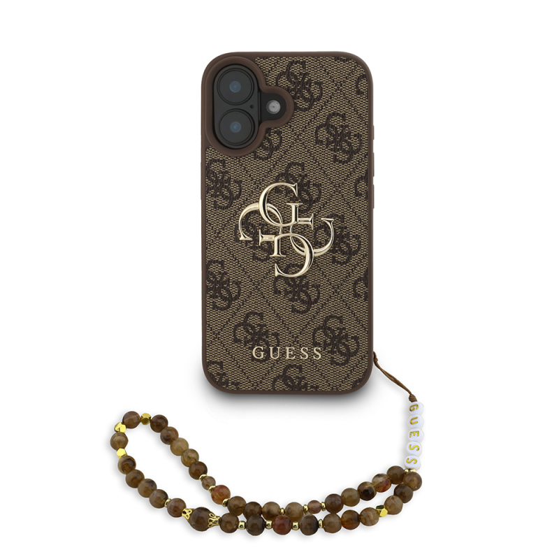 Apple iPhone 16 Plus Case Guess Original Licensed PU Leather Wrist Strap Rope Metal Large 4G and Text Logo Cover - 4