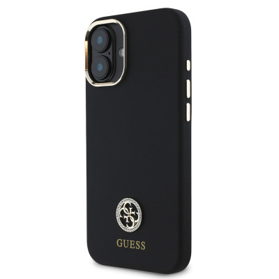 Apple iPhone 16 Plus Case Guess Original Licensed Text and Stoned 4G Logo Metal Camera Frame Silicone Cover - 3